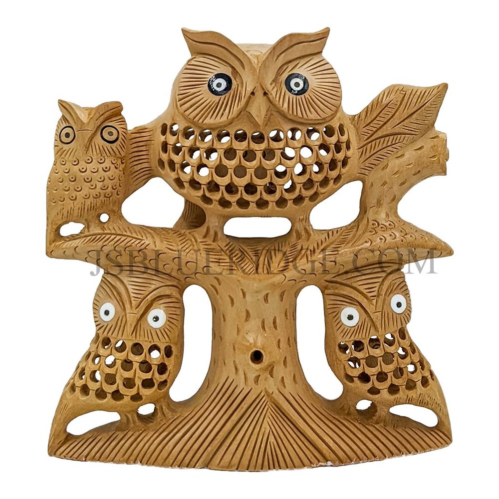 Wooden Owl Family On Tree Handcrafted (6inch)